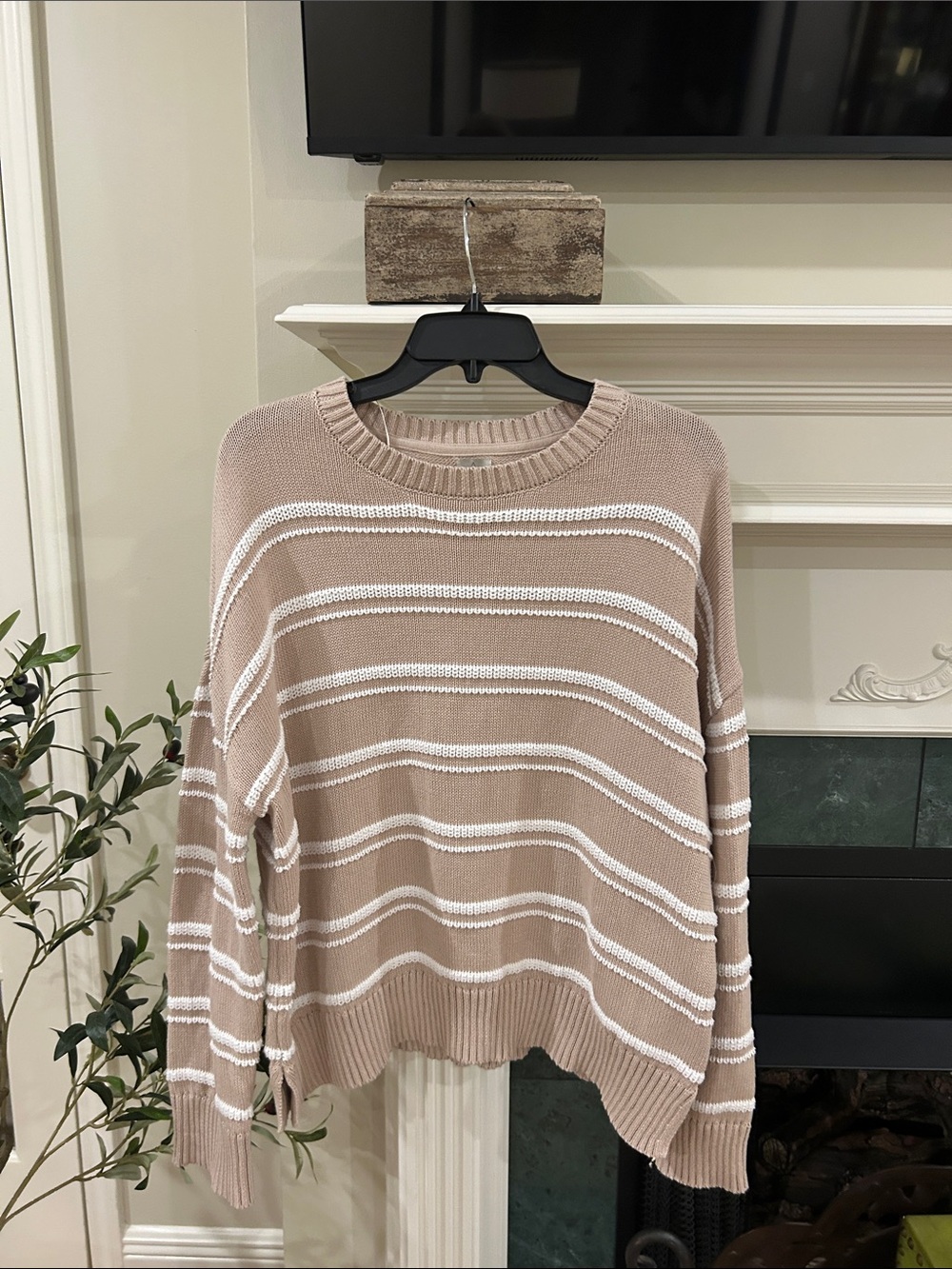 Striped Knit Sweater in Taupe and White